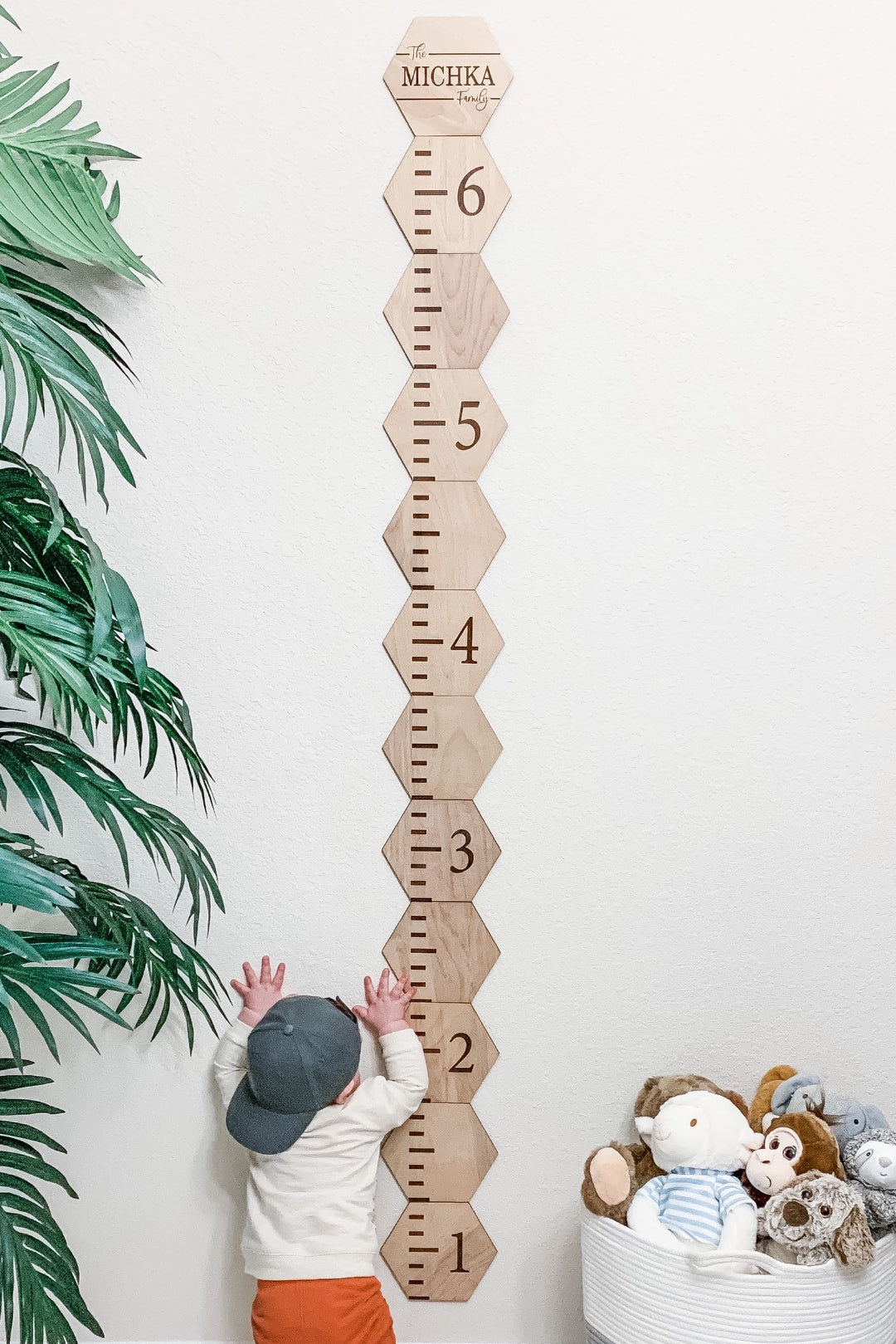 Wooden Hexagonal Patchwork Kids Height Growth Chart Ruler on the Wall