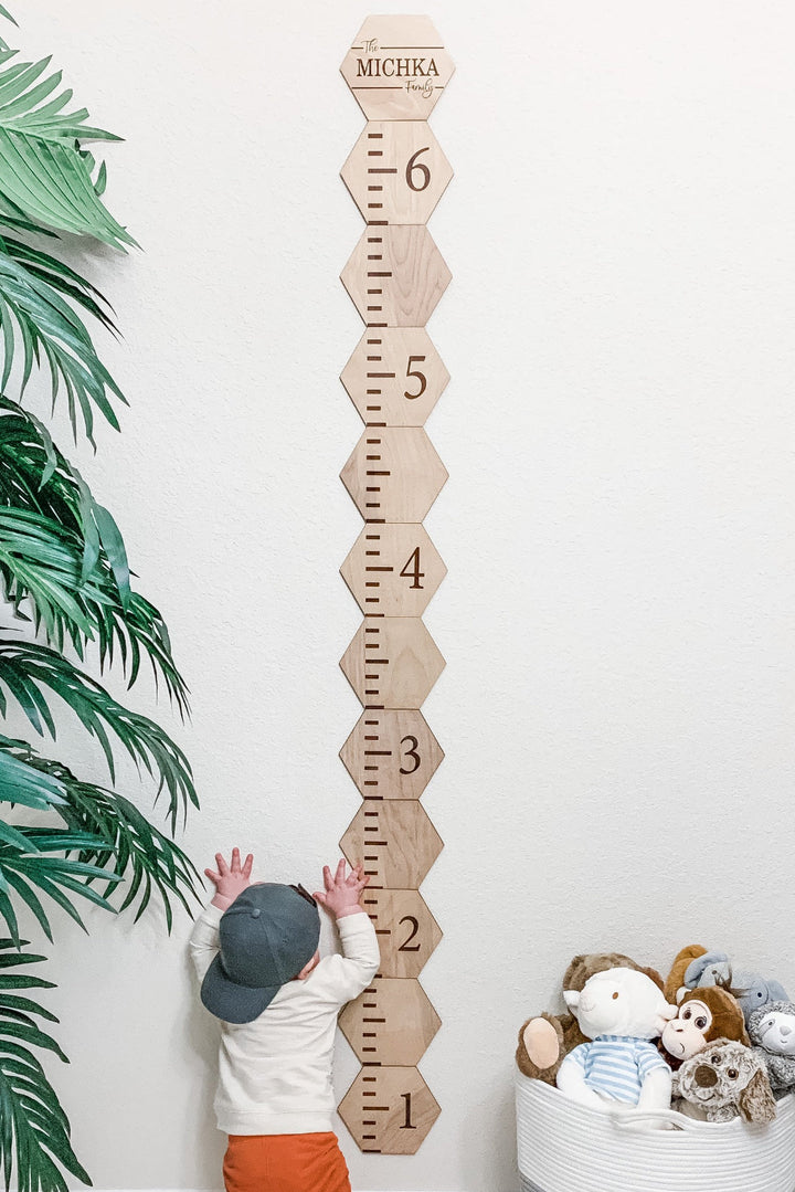 Wooden Hexagonal Patchwork Kids Height Growth Chart Ruler on the Wall
